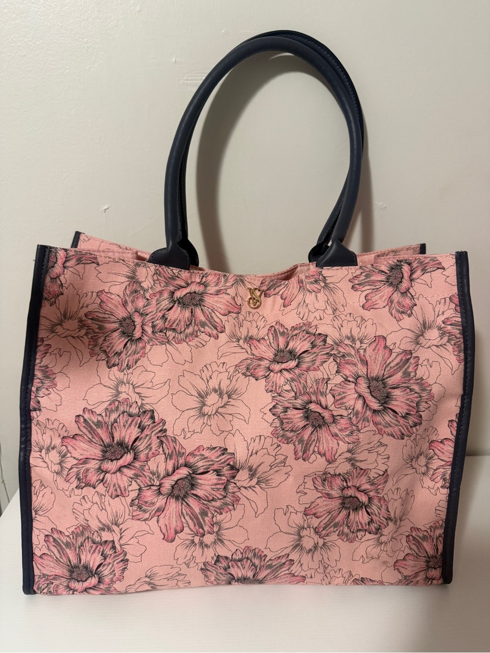 Victoria's Secret Pink Floral Tote with Navy Trim